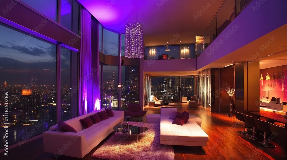 A beautiful penthouse interior with bold lighting, sleek furniture, and luxurious materials throughout A beautiful penthouse interior with bold lighting, sleek furniture, and luxurious materials throughout