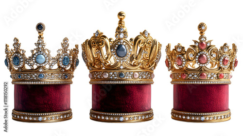 Three different kings’ crowns displayed on a white background, showcasing intricate designs and royal elegance, perfect for regal, luxury, and historical themes, symbolizing power, leadership, and sov photo