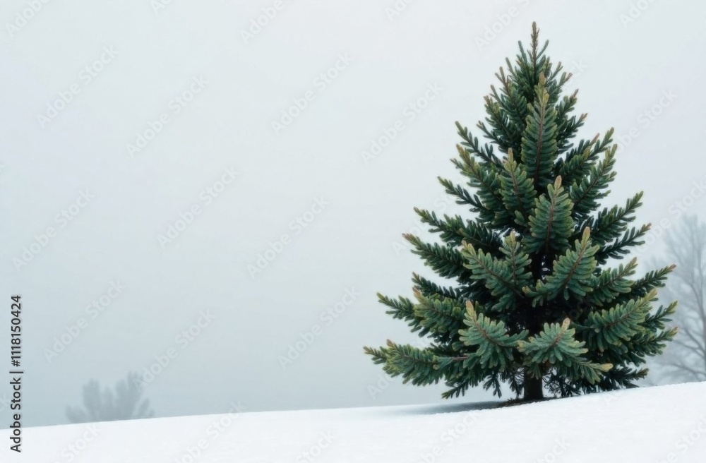 Fototapeta premium banner, on the left there is space for text, on the right there is a photo of a large beautiful green spruce, there is a snowdrift under the spruce, there is snow in the background color is light gray