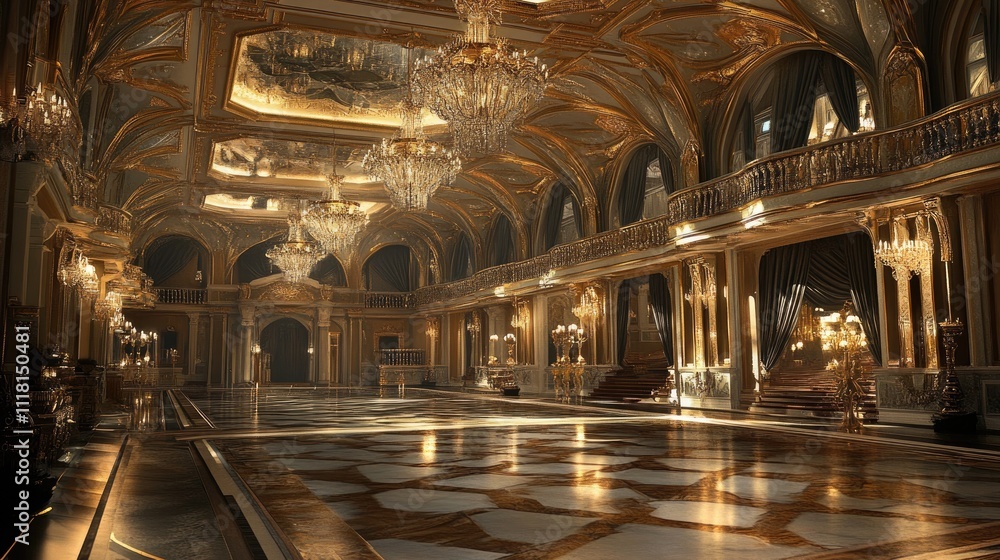 A grand interior ballroom with ornate ceilings, luxurious chandeliers, and elegant floor patterns A grand interior ballroom with ornate ceilings, luxurious chandeliers, and elegant floor patterns