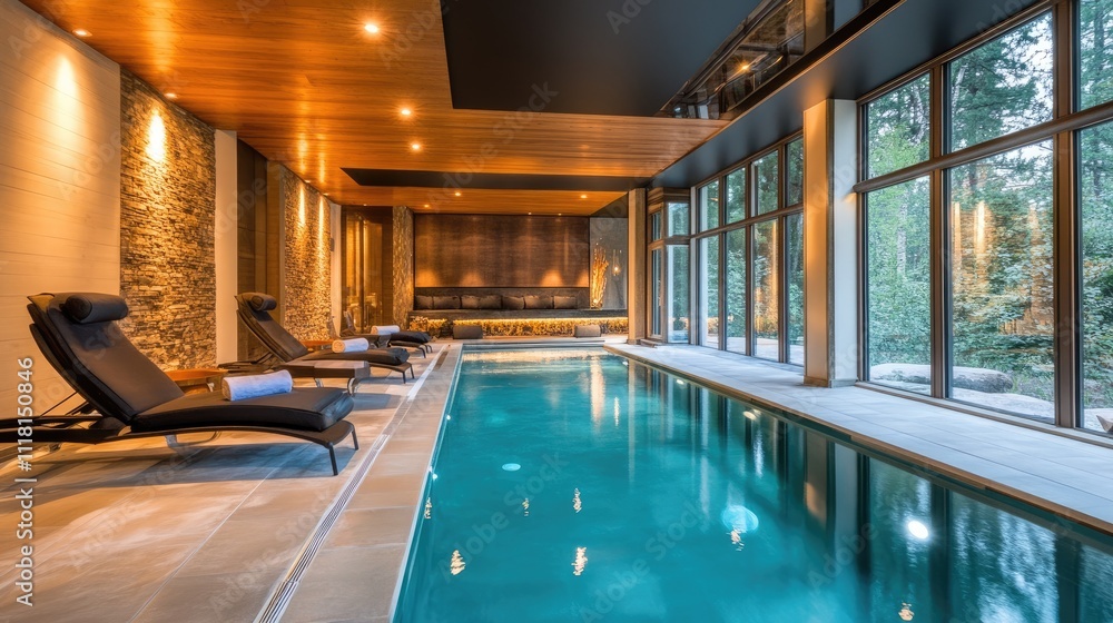 A luxurious indoor pool area with modern lounge chairs, artistic lighting, and sleek architectural elements A luxurious indoor pool area with modern lounge chairs, artistic lighting, and sleek architectural elements