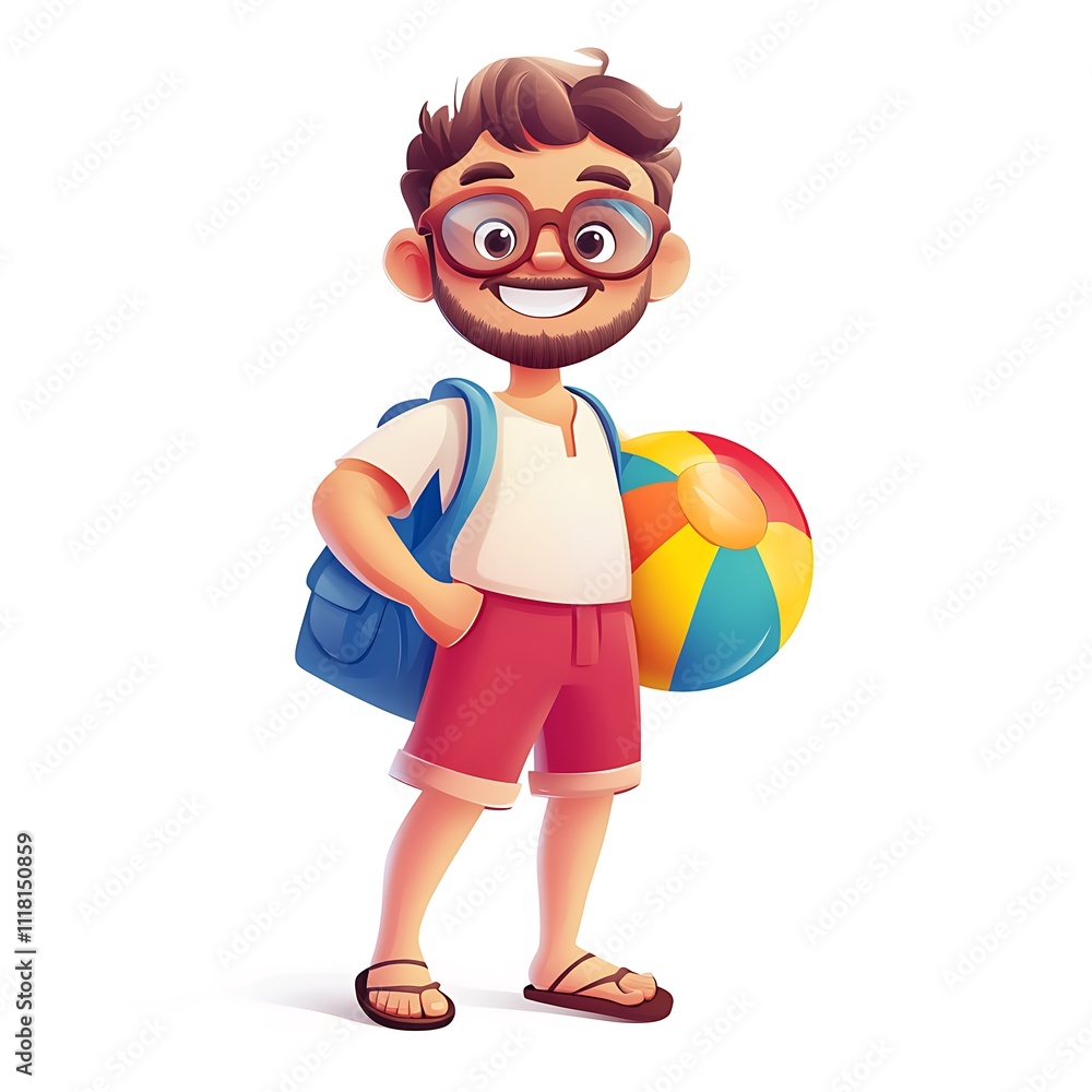 Cartoon vacationer with a beach ball on a white background Cartoon vacationer with a beach ball on a white background