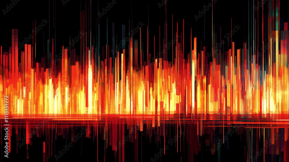 Dark background, vertical lines of red and orange light with digital glitch effects Dark background, vertical lines of red and orange light with digital glitch effects