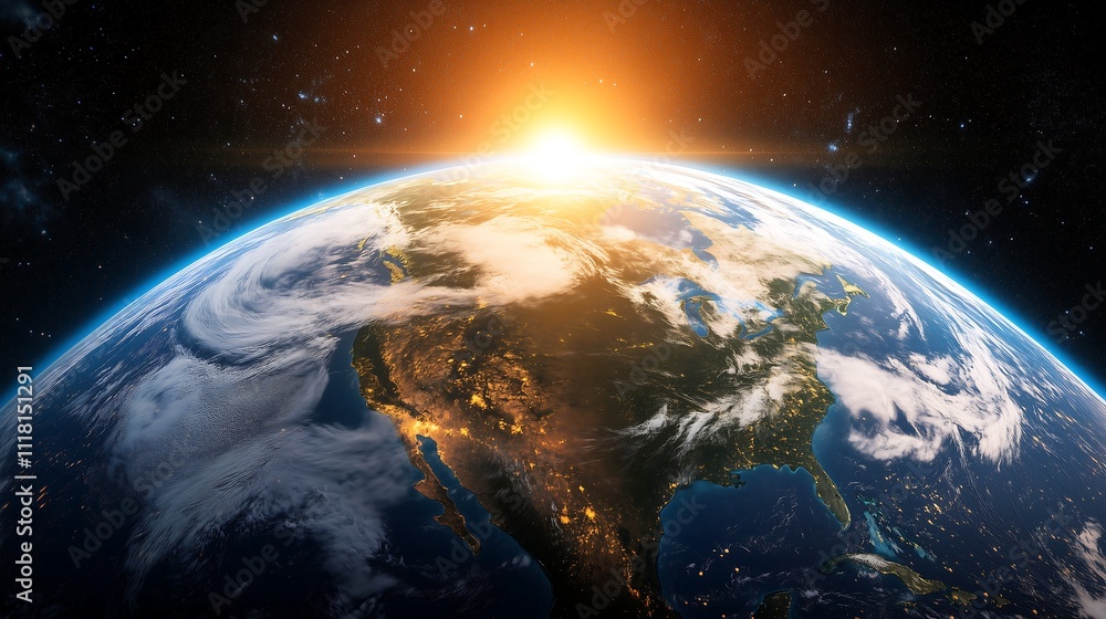 View of Earth from outer space, with the Sun rising on one side of the planet. The Earth is illuminated by the warm golden and orange hues of the sunrise, casting a gentle glow over the atmosphere. View of Earth from outer space, with the Sun rising on one side of the planet. The Earth is illuminated by the warm golden and orange hues of the sunrise, casting a gentle glow over the atmosphere.