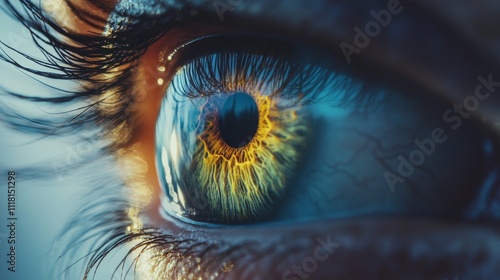 A close-up of a human eye reflecting a vast galaxy, space for text subtly placed within the pupil