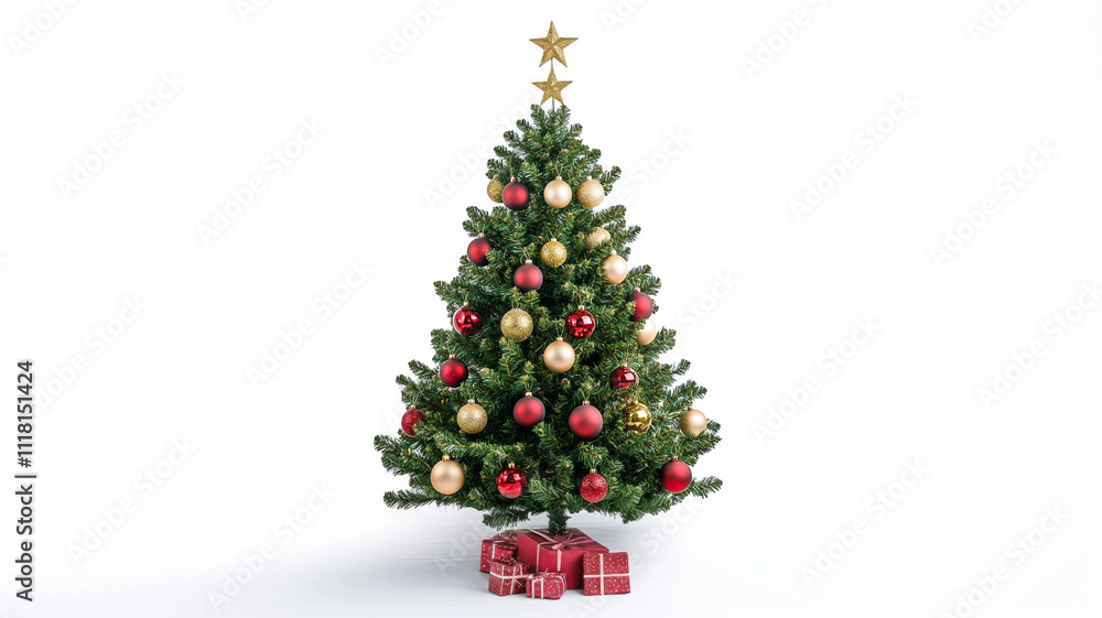 A Christmas tree with red and gold ornaments isolated on a white background A Christmas tree with red and gold ornaments isolated on a white background