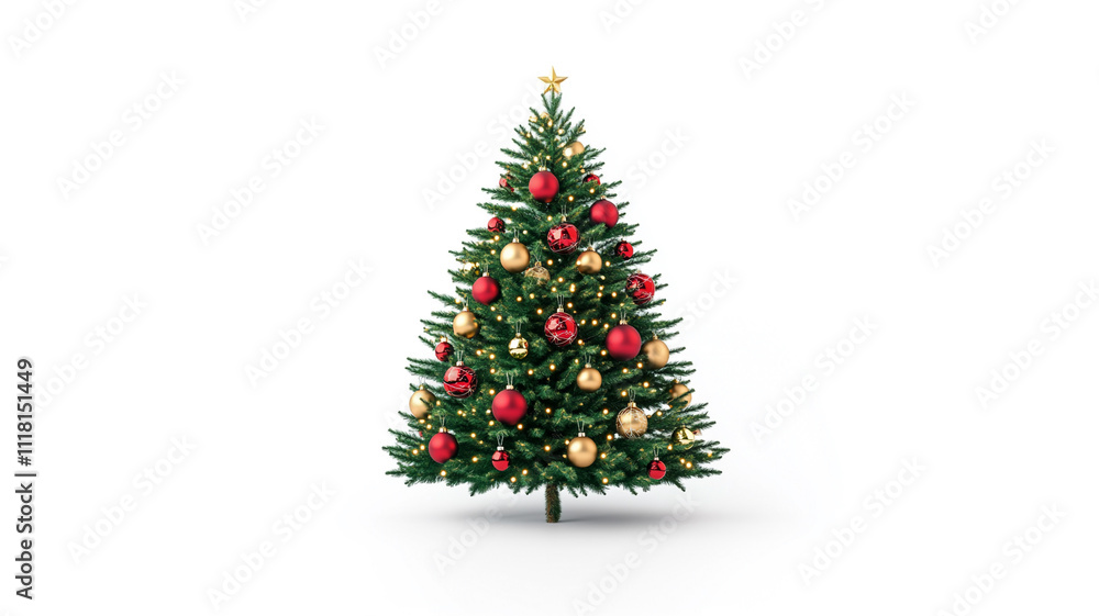 A Christmas tree with red and gold ornaments isolated on a white background A Christmas tree with red and gold ornaments isolated on a white background
