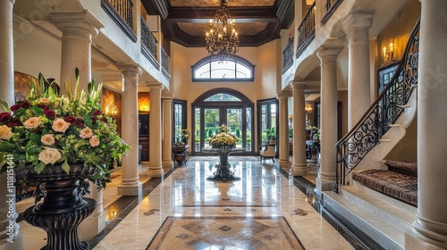 A stunning interior entryway with bold architectural lines, elegant finishes, and luxurious decorative accents