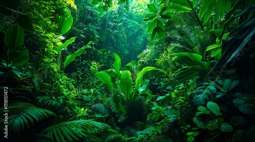 A dense jungle scene with bioluminescent plants and creatures, space for text glowing faintly amongst the flora