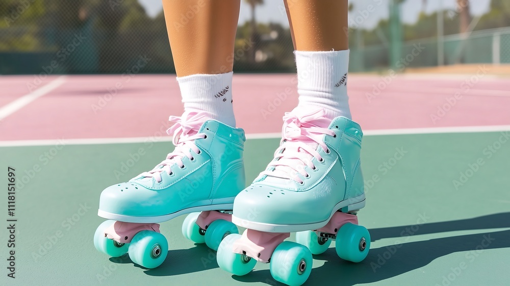 Pastel blue roller skates worn by a young woman, with white socks peeking out above the skies. The overall composition is vibrant and stylish. Pastel blue roller skates worn by a young woman, with white socks peeking out above the skies. The overall composition is vibrant and stylish.