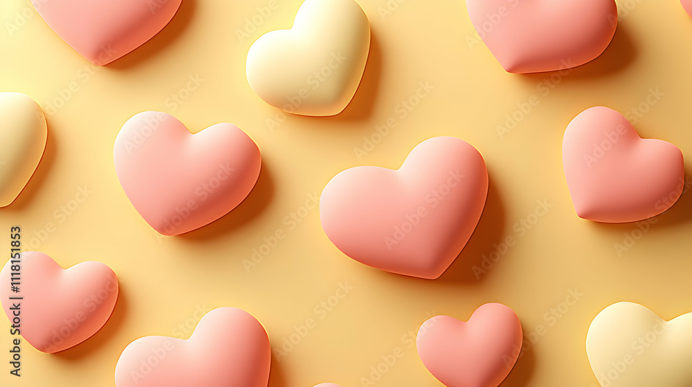 Pastel pink and yellow hearts scattered on a soft yellow background. Perfect for Valentine's Day, love, or romance themed projects. Pastel pink and yellow hearts scattered on a soft yellow background. Perfect for Valentine's Day, love, or romance themed projects.