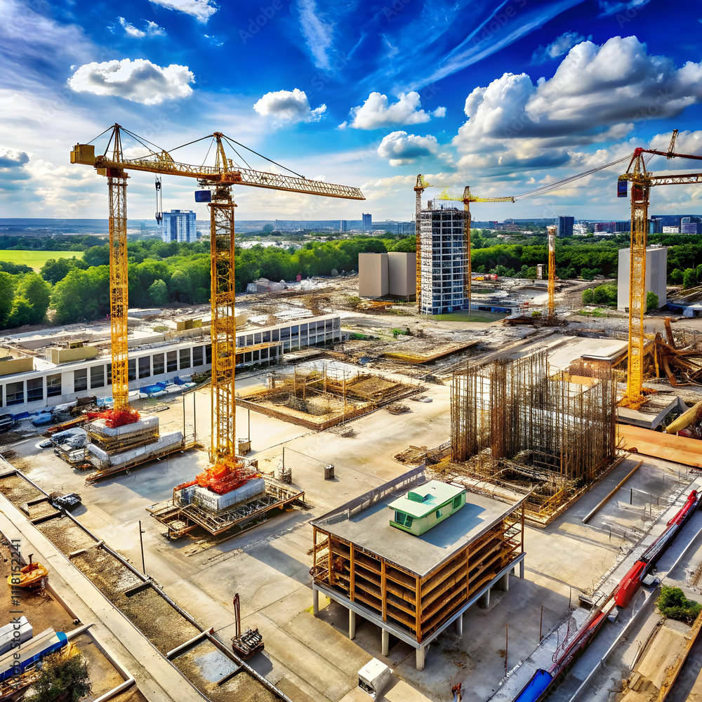 A construction site view, showcasing machinery, workers, scaffolding, A construction site view, showcasing machinery, workers, scaffolding,