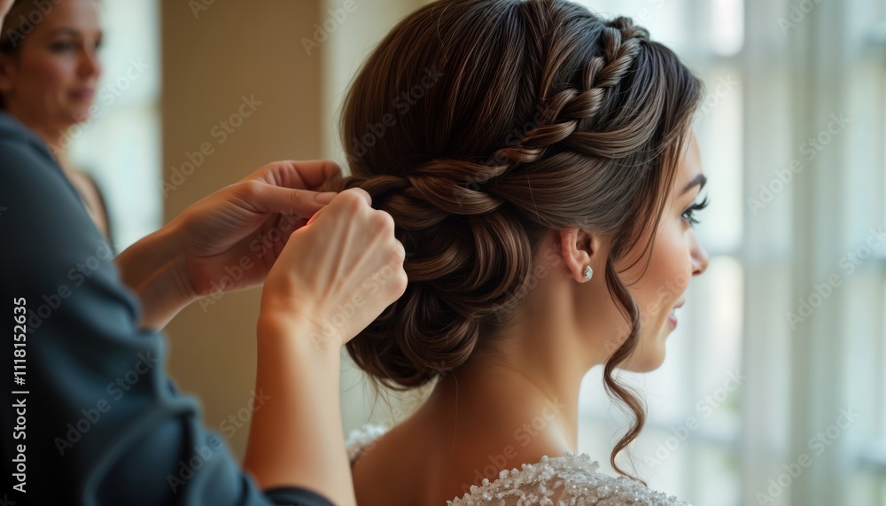 Fototapeta premium Woman gets intricate updo braid. Hairstylist carefully braids brown wavy hair. Preparation for wedding ceremony. Elegant bridal style. Getting ready. Beautiful woman. Pro salon. Accessory. Stylish