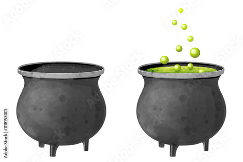 Cauldron with boiling potion. Vector watercolor illustration of tableware