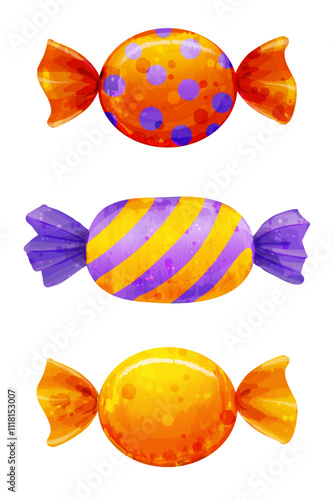 Vector set of candies in wrappers. Cute watercolor sweets illustrations