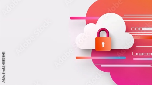 Cloud Security: A minimalist abstract illustration depicting a cloud with a padlock, symbolizing secure data storage and protection. The design features vibrant gradients and lines. photo