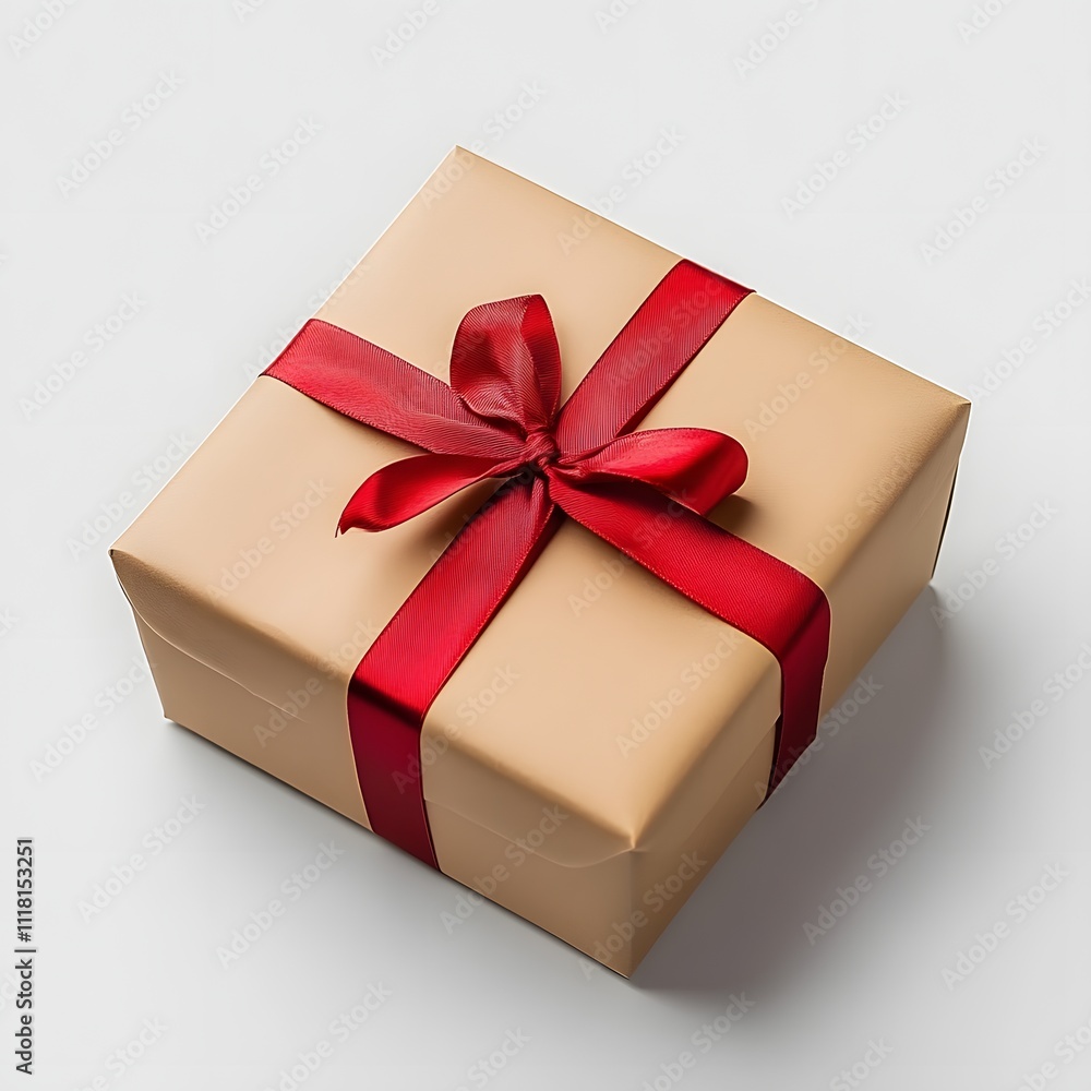 A beige gift box with a red ribbon bow A beige gift box with a red ribbon bow