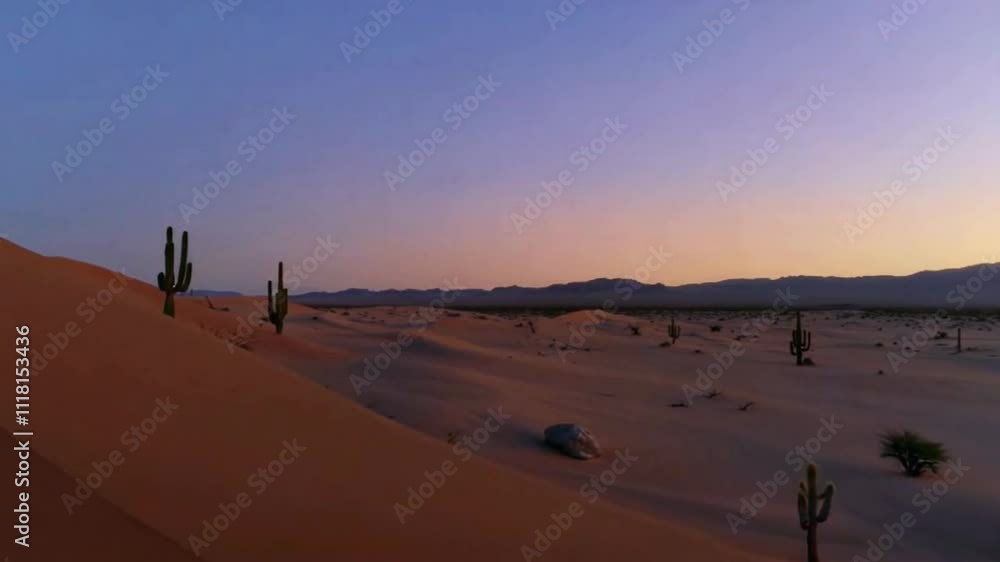 A desert landscape with rolling sand dunes is under a clear, blue, partially cloudy sky A desert landscape with rolling sand dunes is under a clear, blue, partially cloudy sky