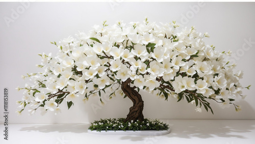 A small, white bonsai tree with many flowers.

