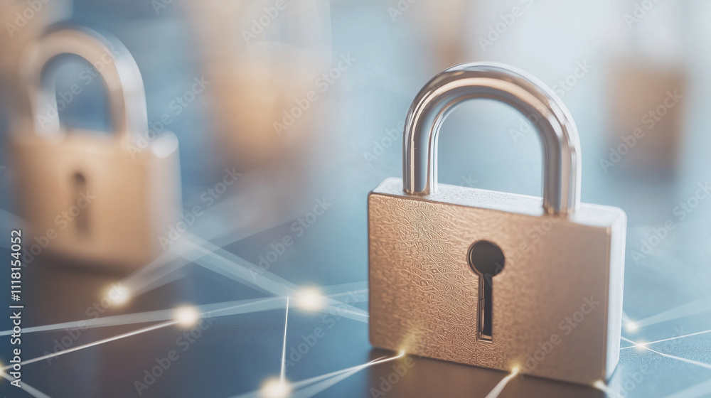 Fototapeta premium Cybersecurity Concept With Glowing Padlocks And Digital Grids