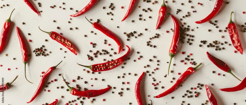 Red chilies and peppercorns scattered rhythmically, creating a spicy medley on a pristine white backdrop. Red chilies and peppercorns scattered rhythmically, creating a spicy medley on a pristine white backdrop.