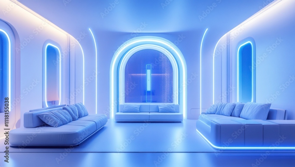 Futuristic lounge with blue neon lighting, white sofas, and arched windows. Futuristic lounge with blue neon lighting, white sofas, and arched windows.