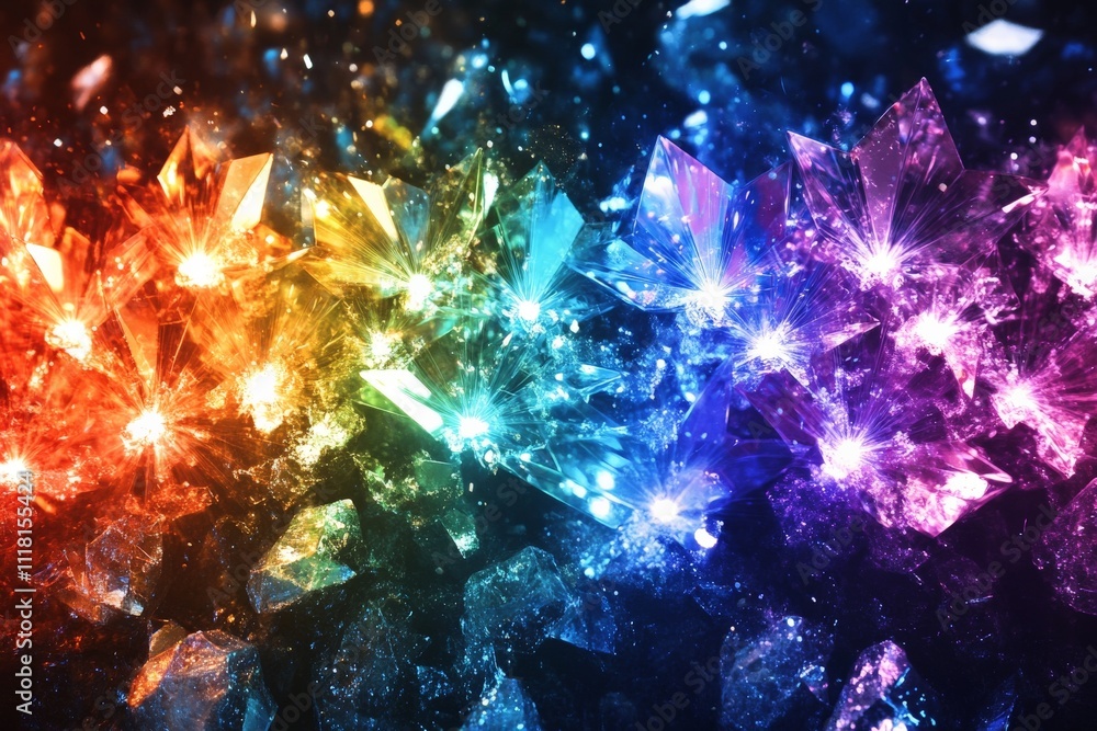 Fototapeta premium A stunning array of colorful crystals reflecting an array of lights against a dark background; their brilliance captures the essence of beauty and wonder in nature.