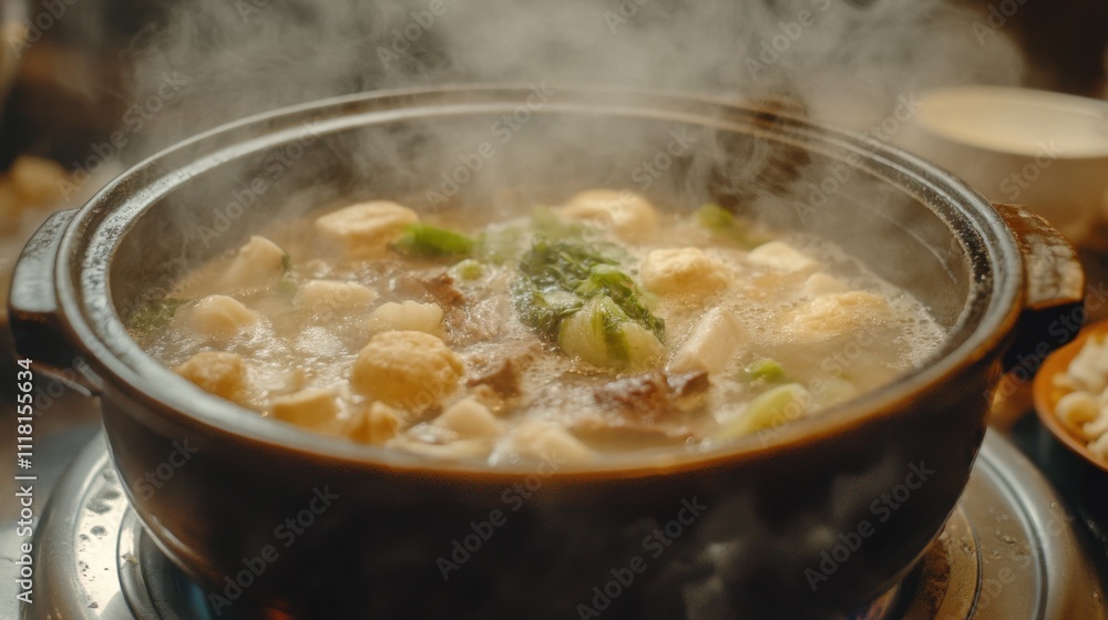 Delicious Hotpot with Vegetables and Steaming Broth Delicious Hotpot with Vegetables and Steaming Broth