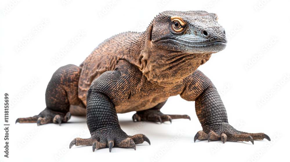 Obraz premium Close-up of a Komodo dragon against a white background, highlighting its textured scales and powerful claws.