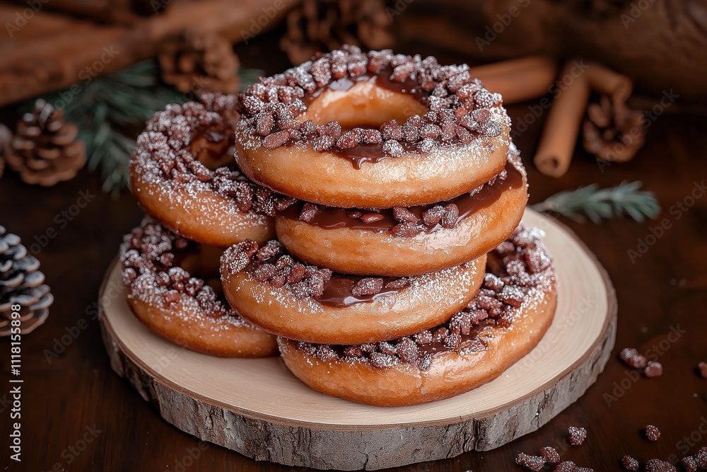 Delicious chocolate-covered donuts topped with sprinkles in a cozy setting Delicious chocolate-covered donuts topped with sprinkles in a cozy setting