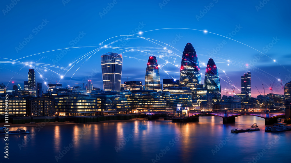 Obraz premium A glowing modern city skyline at night with interconnected lines and nodes illustrating a seamless communication network
