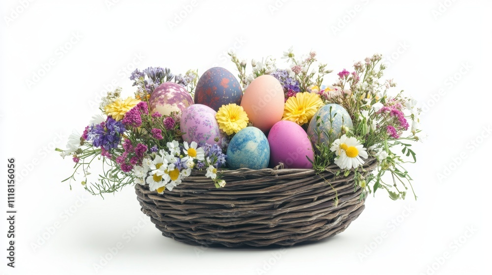 basket with colorful easter eggs and spring flowers isolated on white background basket with colorful easter eggs and spring flowers isolated on white background