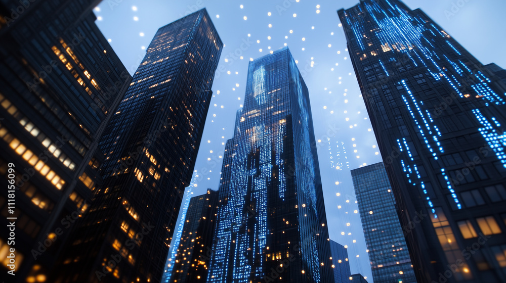 Obraz premium Skyscrapers adorned with holographic data streams and light beams representing digital connectivity in a bustling urban hub