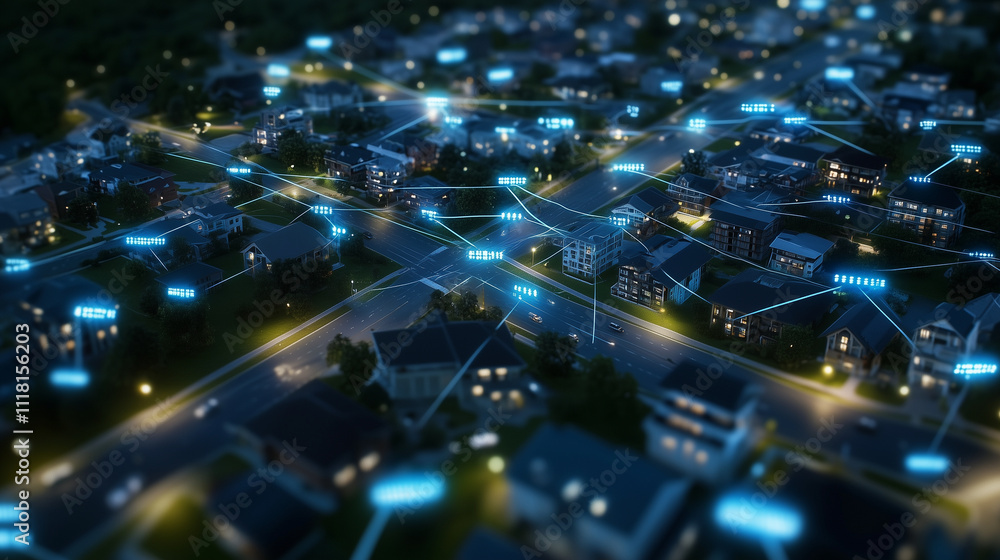 Fototapeta premium An aerial view of a high-tech cityscape with visible data flows connecting towers and streets, symbolizing dynamic telecommunications