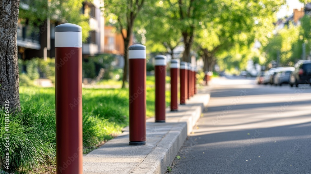 Red and white traffic bollards line a newly asphalted street in a residential area undergoing development on a clear day Red and white traffic bollards line a newly asphalted street in a residential area undergoing development on a clear day