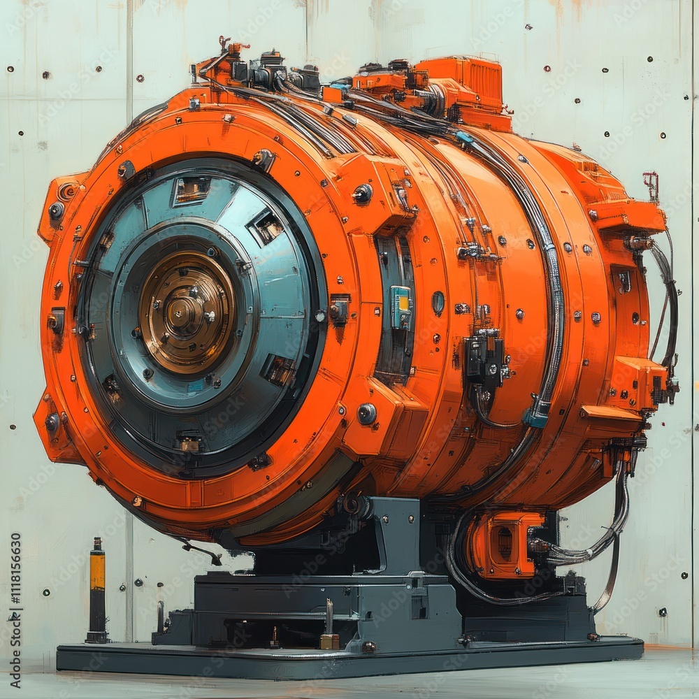 A large, orange industrial machine with intricate components and a circular design. A large, orange industrial machine with intricate components and a circular design.