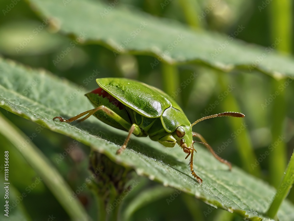 Green Insect Crawls on a Lush Green Leaf Green Insect Crawls on a Lush Green Leaf