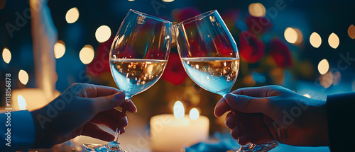 Romantic Valentine's dinner with red wine - Cheers with wine glasses in a romantic, candlelit setting. photo