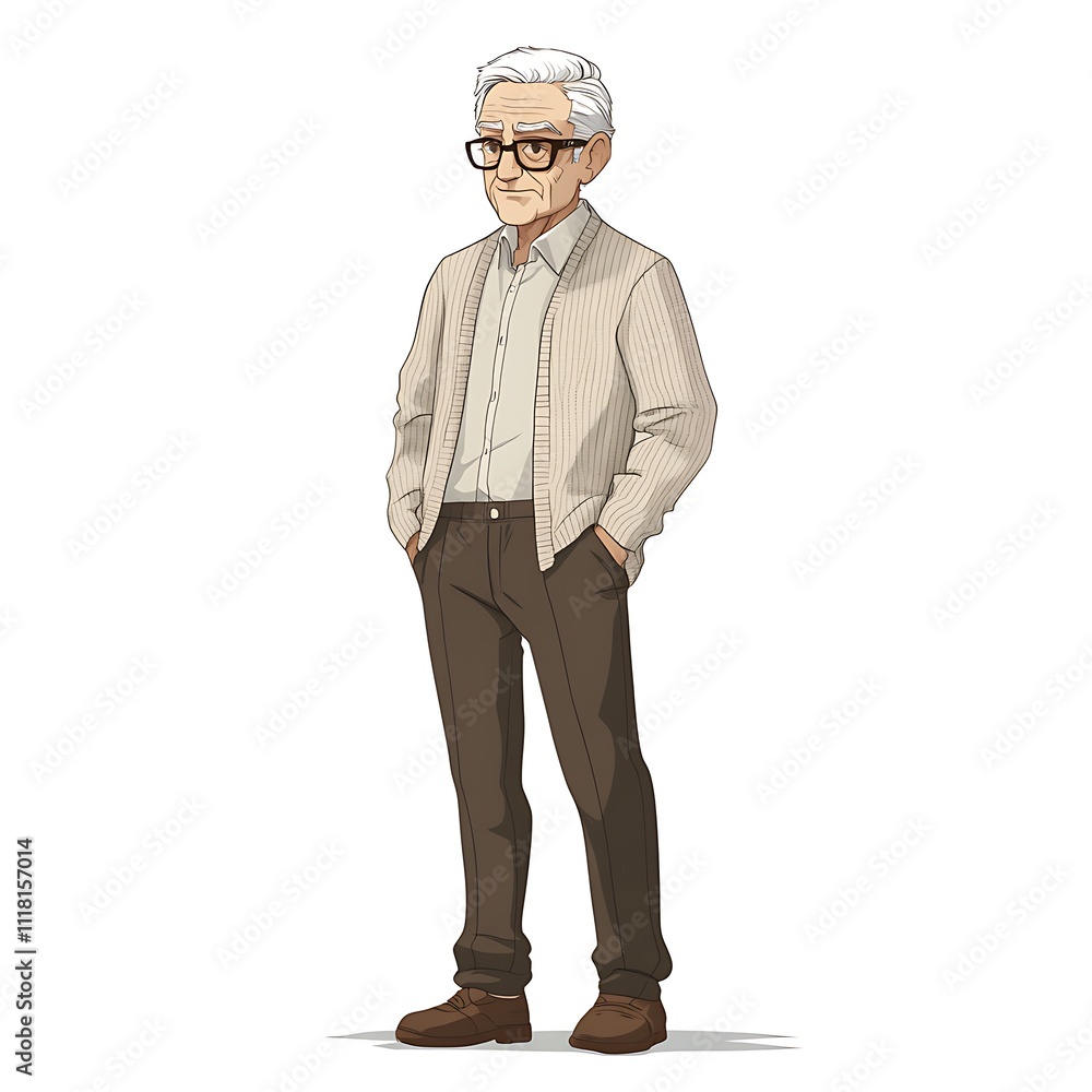 Anime elderly man in a modern cardigan with slim-fit trousers on a white background. Anime elderly man in a modern cardigan with slim-fit trousers on a white background.