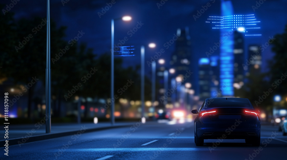 Naklejka premium A smart urban environment showcasing glowing data transfers between IoT-enabled lampposts, vehicles, and high-tech skyscrapers
