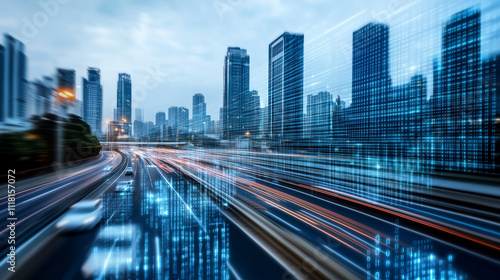 A futuristic cityscape during the day with translucent data pathways crisscrossing between buildings and vehicles