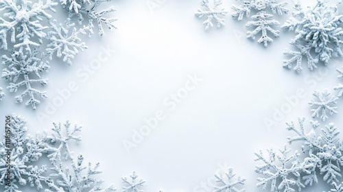 Symmetrical snowflake frame on white background with copy space for greetings, holiday card