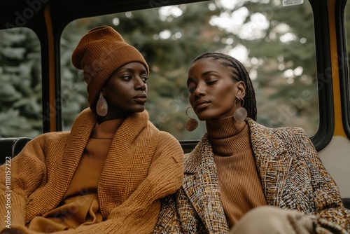 Fashionable knitwear models express serenity on an urban bus amidst nature\'s backdrop during autumn photo