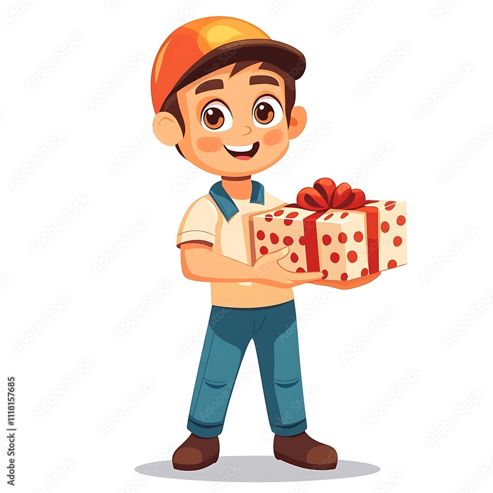 Cartoon worker holding a decorated gift box on a white background Cartoon worker holding a decorated gift box on a white background