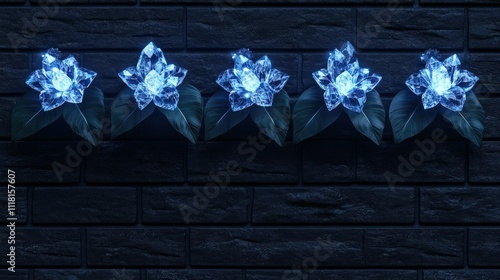 A dark charcoal-colored brick wall with a row of five glowing crystal flowers on top. Each flower is the same deep blue color as the wall, casting a subtle glow.  photo