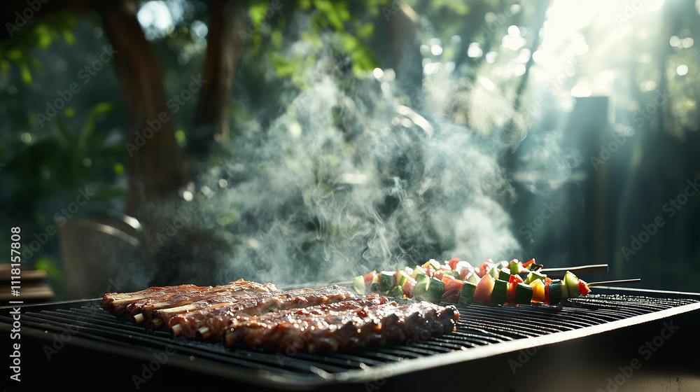 Grilled ribs and vegetable skewers steaming on a backyard barbecue, with sunlight filtering through surrounding trees Grilled ribs and vegetable skewers steaming on a backyard barbecue, with sunlight filtering through surrounding trees