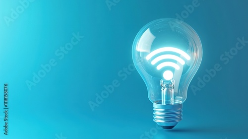 Innovative wifi concept. Lightbulb with wireless signal inside, glowing on blue background.  Perfect for technology, connection, and ideas.