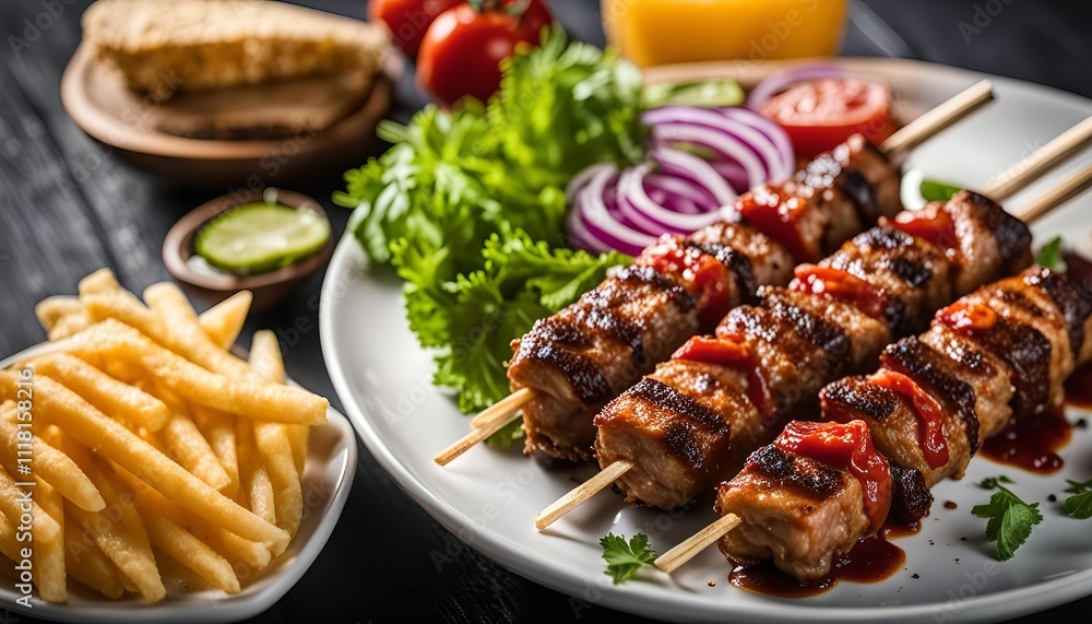 Delicious Grilled Skewers with a Side of Fries Delicious Grilled Skewers with a Side of Fries