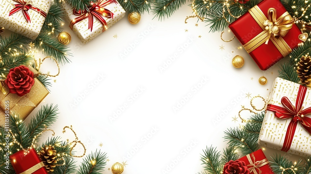 Gold and red wrapped presents and pine branches on white background, Christmas card Gold and red wrapped presents and pine branches on white background, Christmas card