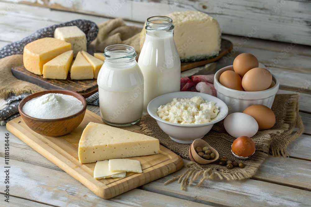 Fresh Dairy and Eggs on a Rustic Farm Table Perfect for Culinary Displays